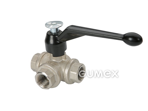 Dreiwege-Kugelhahn gebohrt in "T", DN15, Innengewinde G 1/2", 16bar, Dichtung PTFE, Messing, 